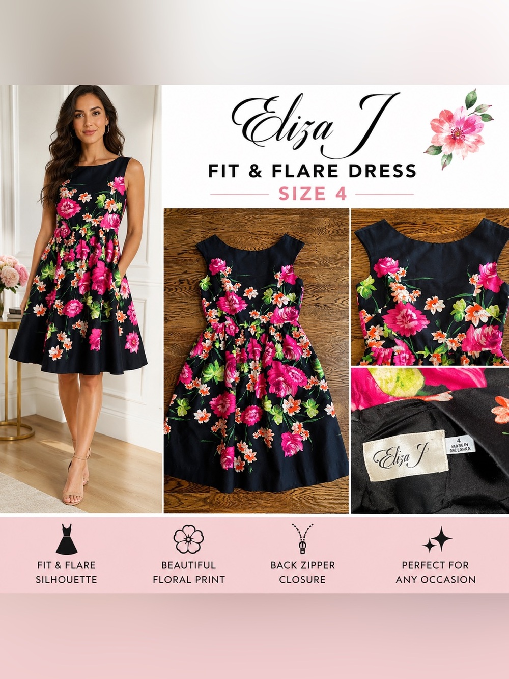 Eliza J Sleeveless Floral Dress Size 4 Wedding Guest Dress Cocktail Summer Dress